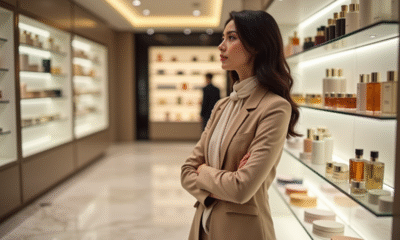 Femme élégante dans un magasin de luxe admirant des produits de beauté