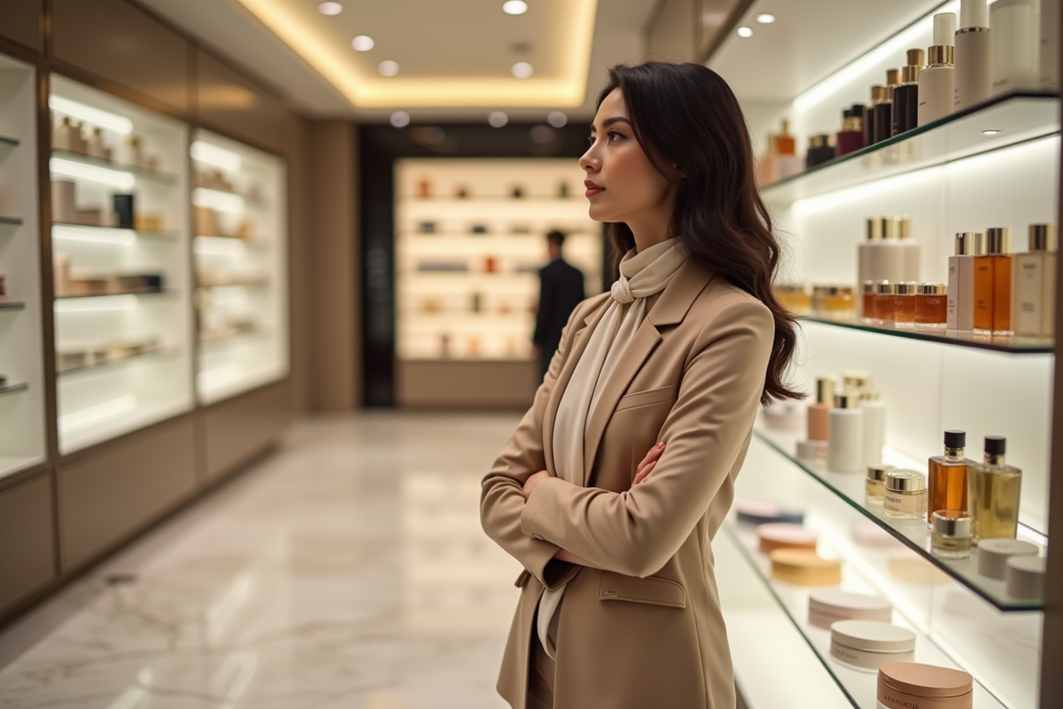 Femme élégante dans un magasin de luxe admirant des produits de beauté