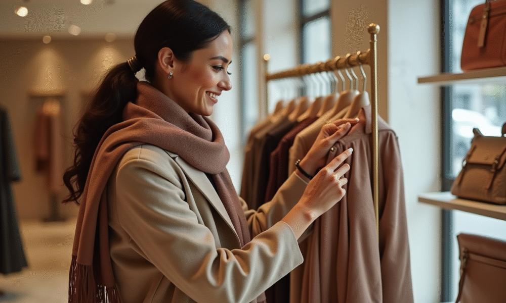 Femme élégante dans une boutique de robes de luxe