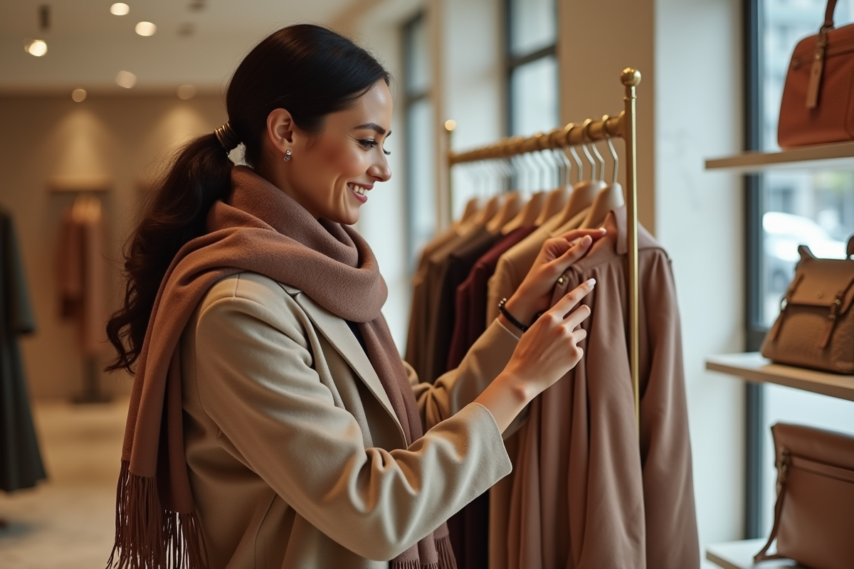 Femme élégante dans une boutique de robes de luxe