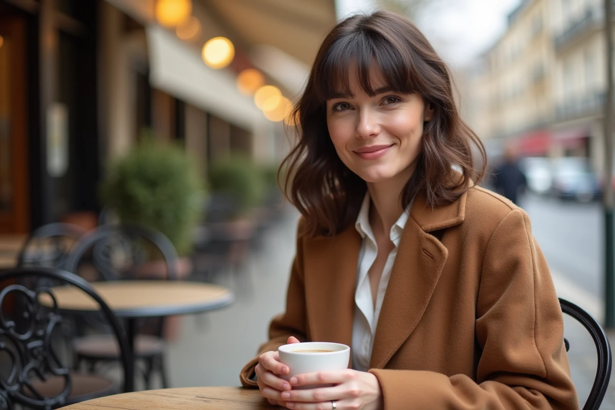 Femme aux cheveux bruns et frange rideau assise en terrasse d'un café parisien en automne