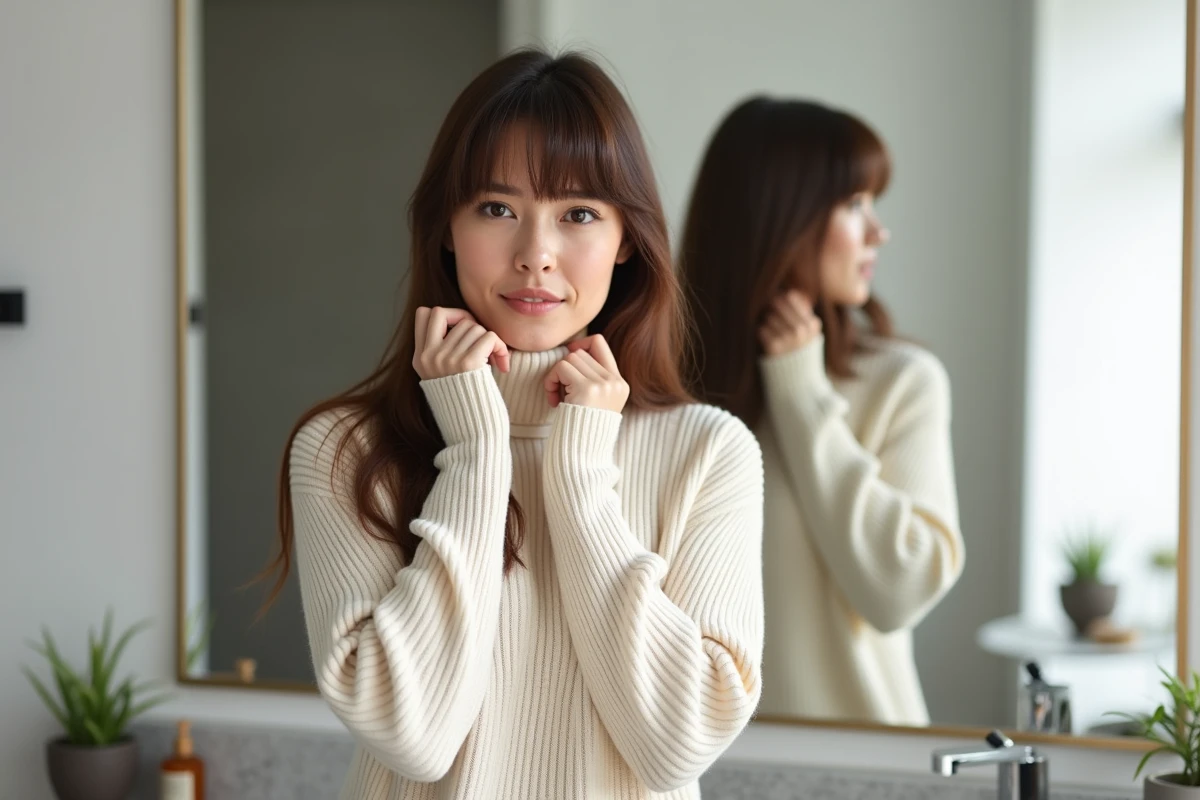 Femme brune avec frange rideau se coiffant devant un miroir de salle de bain minimaliste