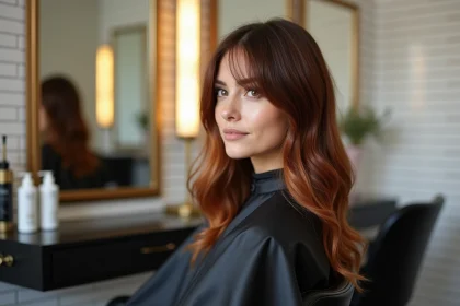Jeune femme aux cheveux bruns avec une frange rideau assise dans un fauteuil de salon de coiffure moderne