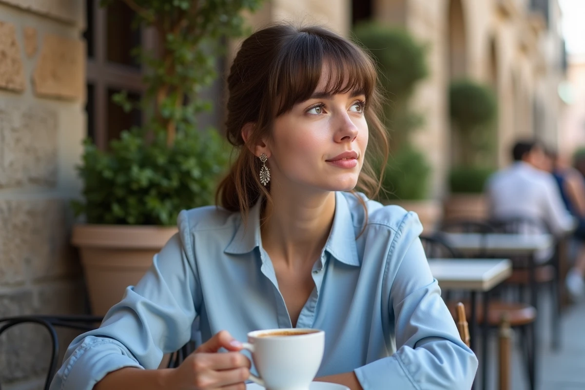Jeune femme buvant un café en terrasse urbaine