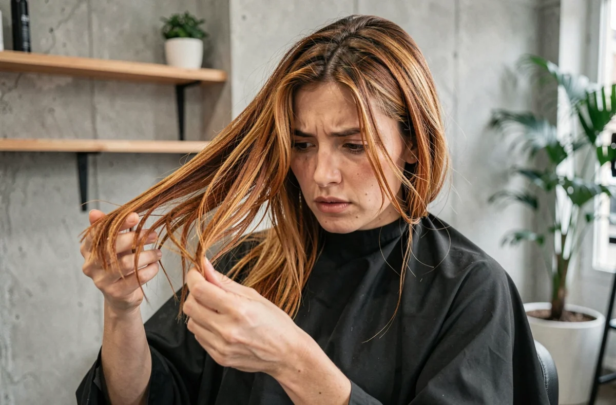 Femme aux cheveux abîmés et décolorés examinant sa couleur inégale dans un salon de coiffure parisien moderne