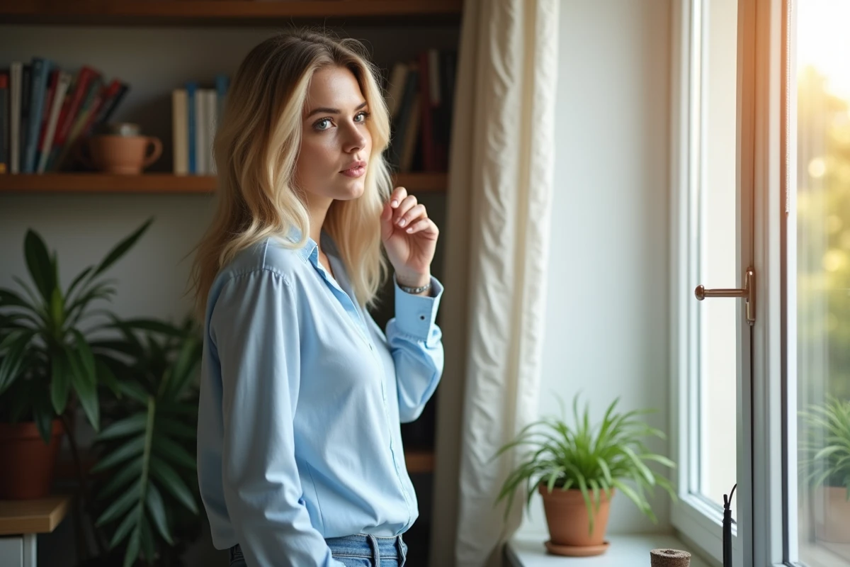 Femme blonde aux cheveux en couches dans un intérieur cosy