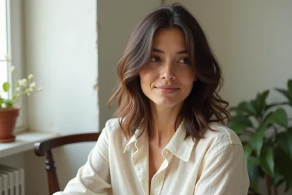 Femme aux cheveux mi-longs dégradés dans un appartement parisien, coupe en dégradé naturel et moderne