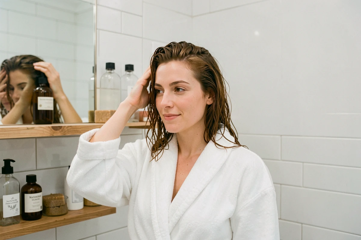Femme aux cheveux naturels ondulés dans une salle de bain minimaliste utilisant un shampoing sans paraben sans silicone sans sulfate