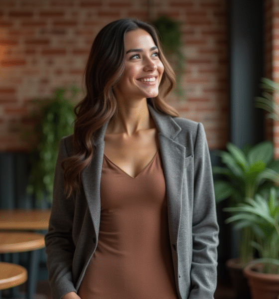 Femme élégante dans un café urbain moderne pour l'article