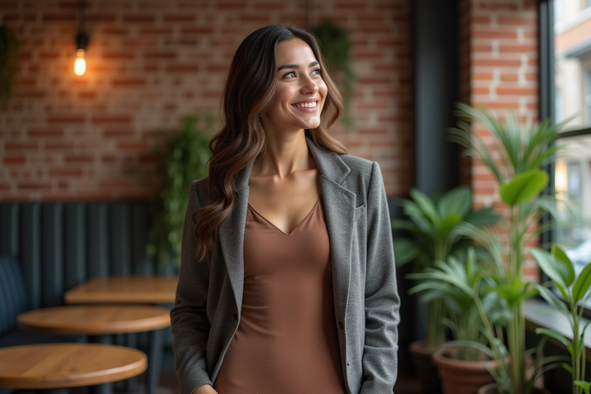 Femme élégante dans un café urbain moderne pour l'article