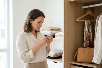 Femme choisissant des accessoires minimalistes devant un dressing épuré en style scandinave