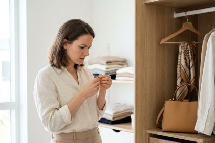 Femme choisissant des accessoires minimalistes devant un dressing épuré en style scandinave