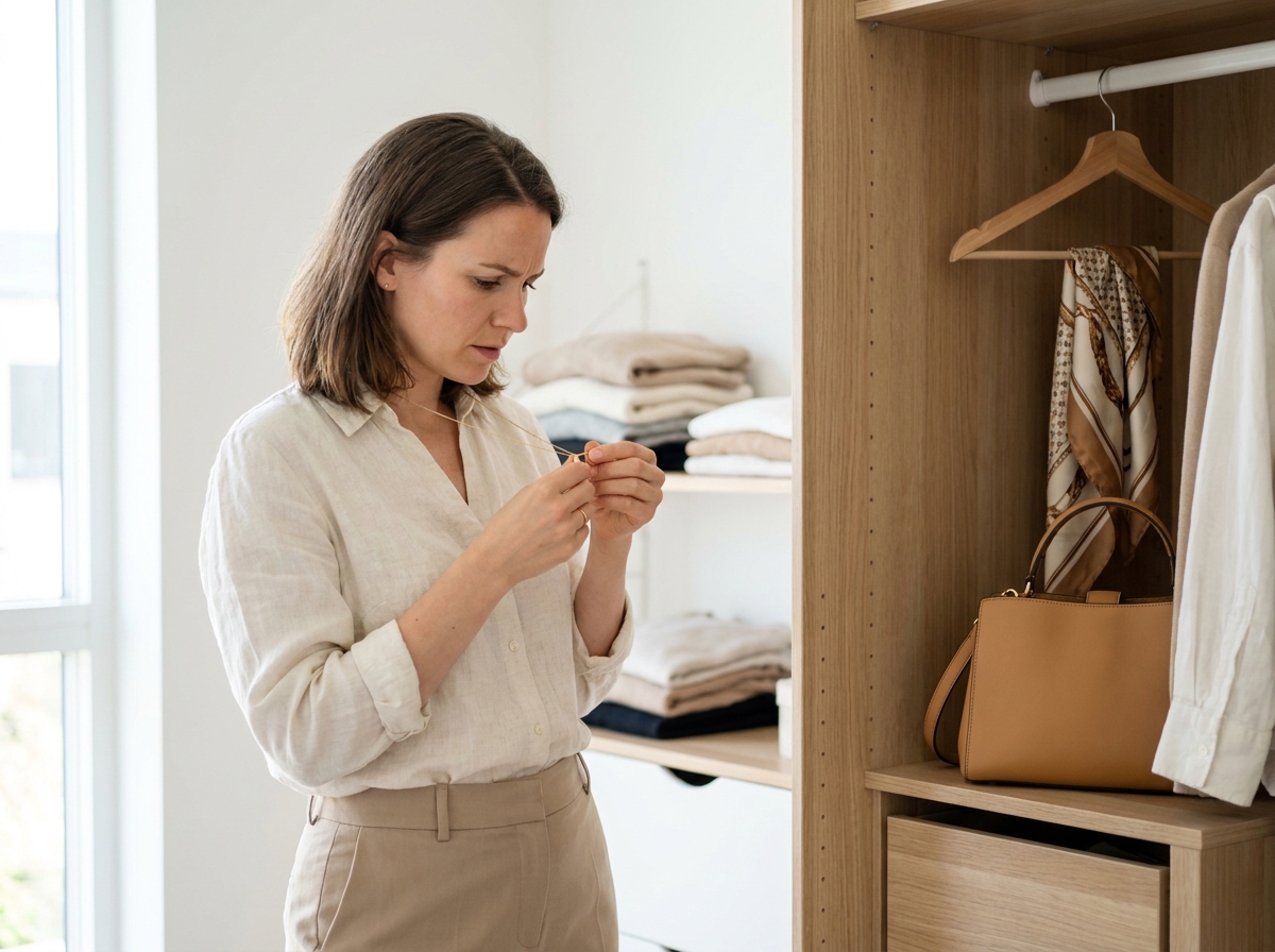 Femme choisissant des accessoires minimalistes devant un dressing épuré en style scandinave