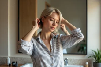 Femme coiffant ses cheveux dans une salle de bain moderne