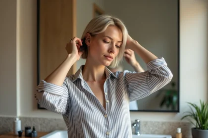 Femme coiffant ses cheveux dans une salle de bain moderne