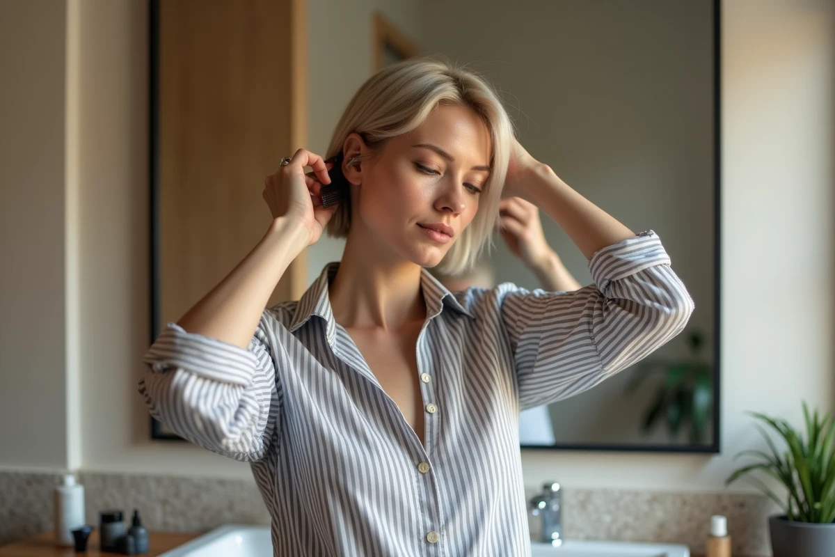 Femme coiffant ses cheveux dans une salle de bain moderne