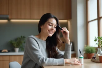 Femme souriante appliquant des mèches de cheveux à la maison