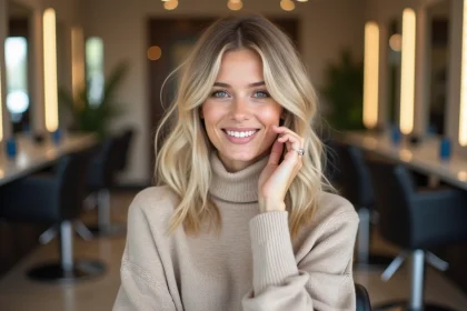 Femme souriante avec nouvelle coupe de cheveux blonde naturelle