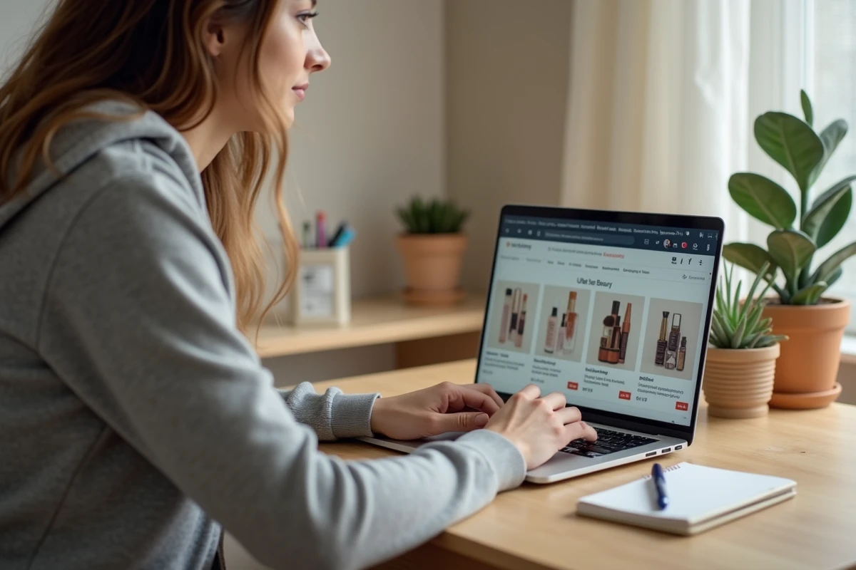 Femme consultant le site Ulta Beauty depuis son ordinateur portable à la maison pour vérifier le stock disponible