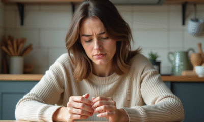 Femme en réflexion examinant ses ongles dans la cuisine
