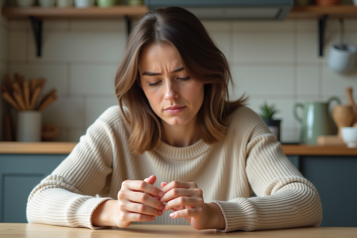 Femme en réflexion examinant ses ongles dans la cuisine