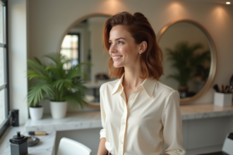 Femme souriante avec coupe couronne dans un salon moderne