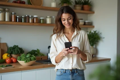 Femme dans une cuisine moderne regardant son smartphone