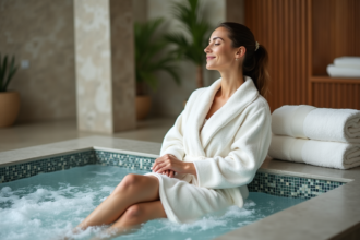 Femme relaxee dans un jacuzzi spa intérieur