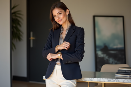 Femme élégante en blazer navy ajustant sa montre dorée