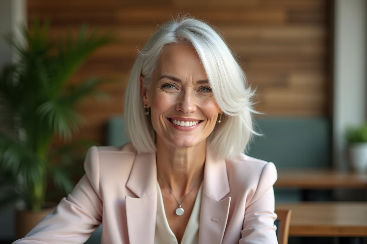 Femme élégante souriante dans un café cosy avec ambiance chaleureuse