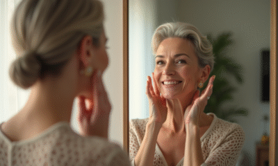 Femme élégante de 60 ans se regardant dans un miroir lumineux