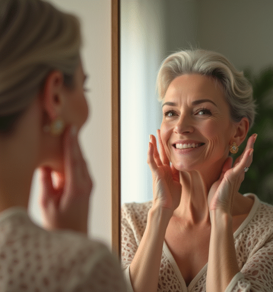Femme élégante de 60 ans se regardant dans un miroir lumineux