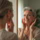 Femme élégante de 60 ans se regardant dans un miroir lumineux