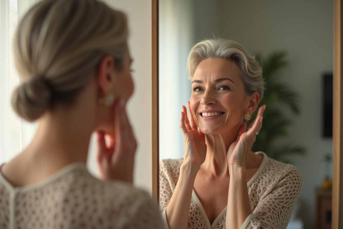 Femme élégante de 60 ans se regardant dans un miroir lumineux