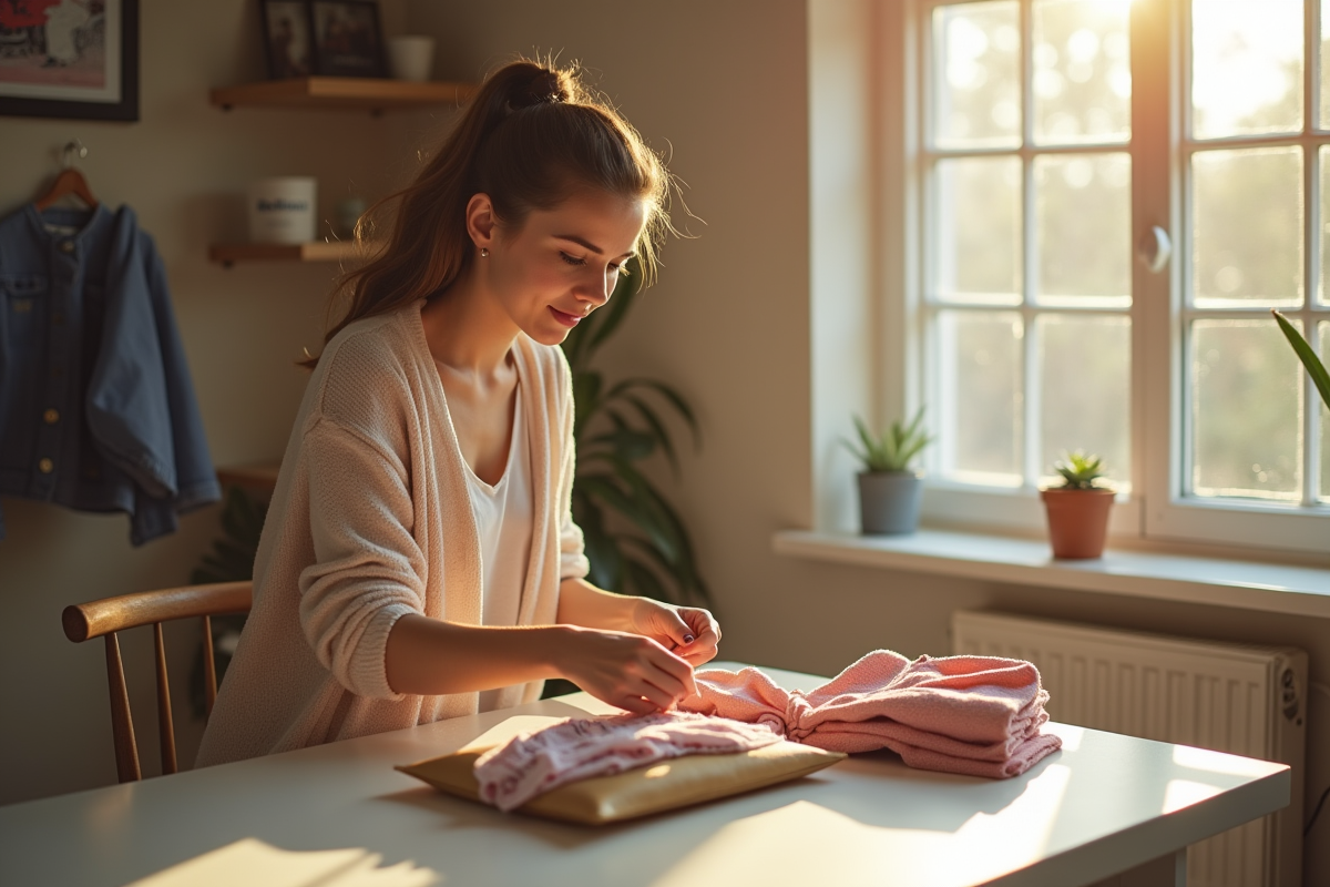 Jeune femme scellant un colis de vetements mode en plein jour