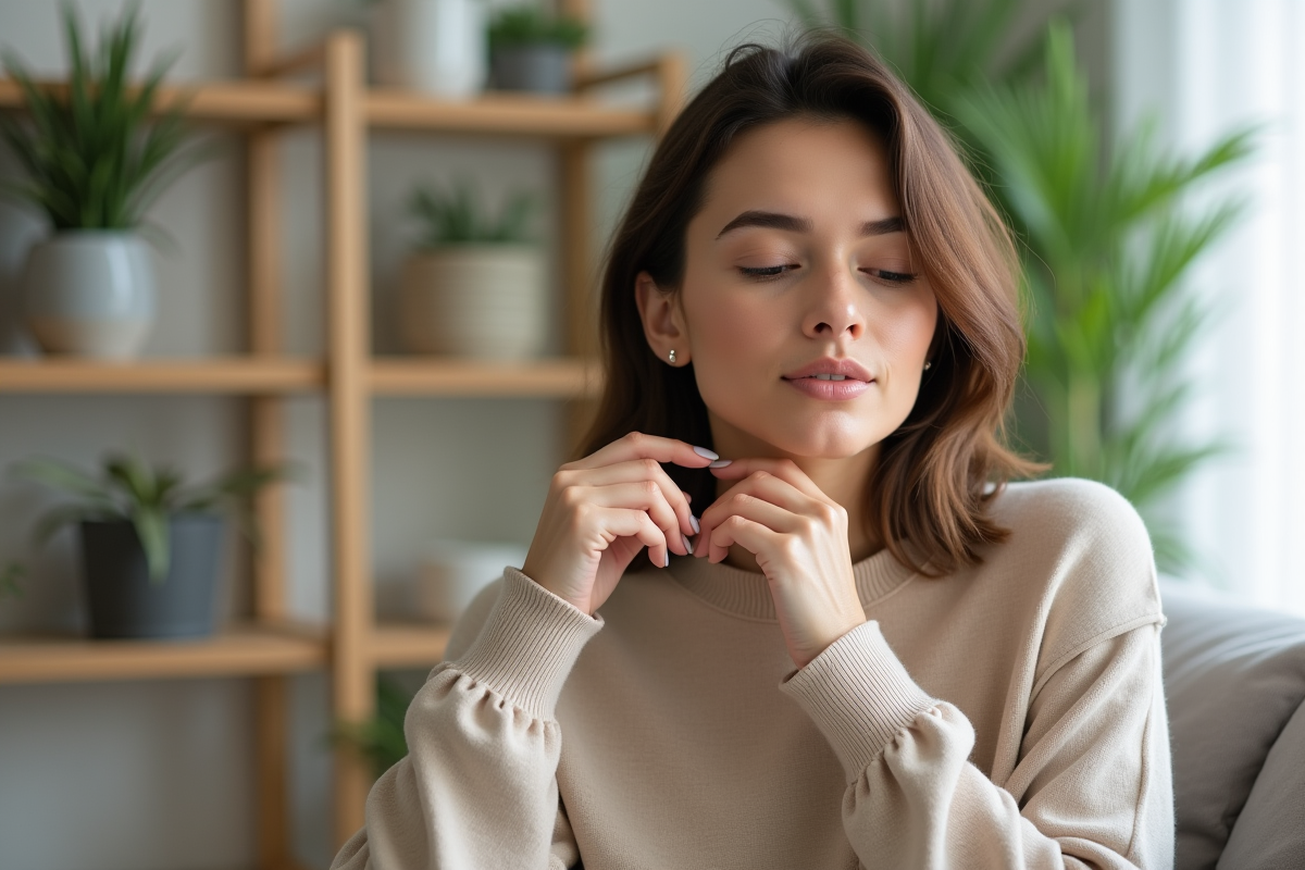 Femme appliquant une huile essentielle dans un salon cosy