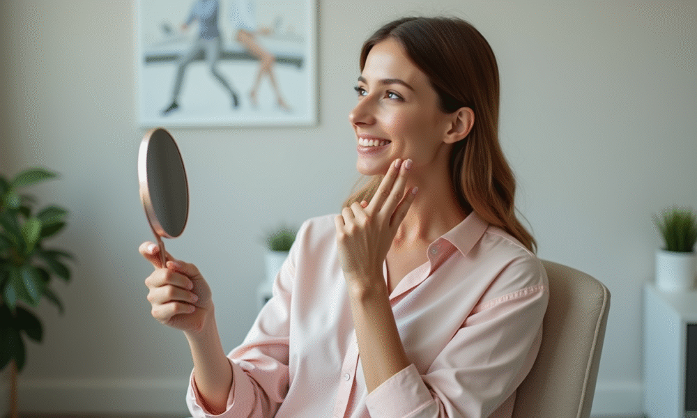 Femme examinant sa peau dans un cabinet dermatologique