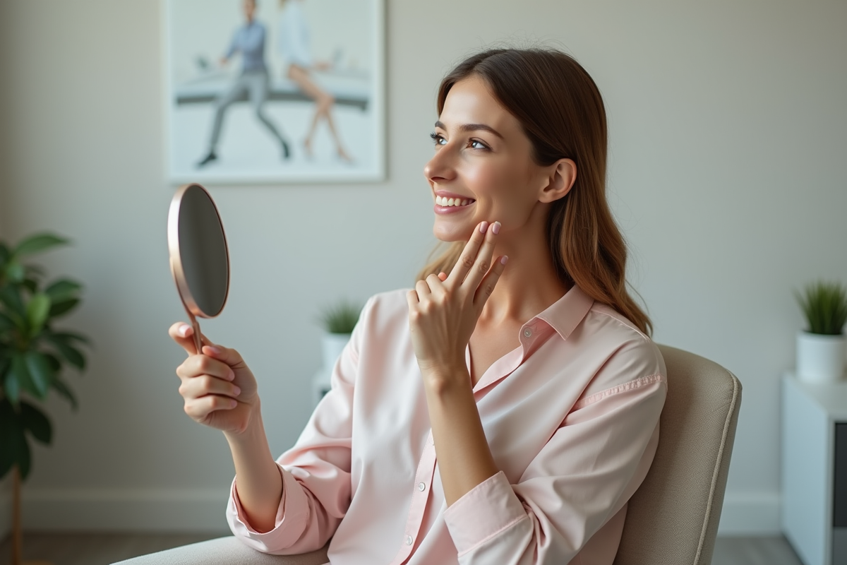 Femme examinant sa peau dans un cabinet dermatologique