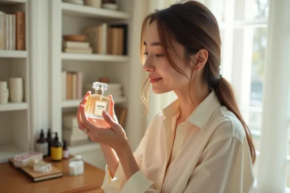 Jeune femme tenant un flacon de parfum élégant inspiré d'un grand luxe, explorant une alternative dupe à petit prix dans un appartement parisien