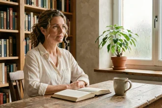 Femme confiante aux cheveux bouclés naturels écrivant dans un journal intime, évoquant la force intérieure féminine et les citations féministes