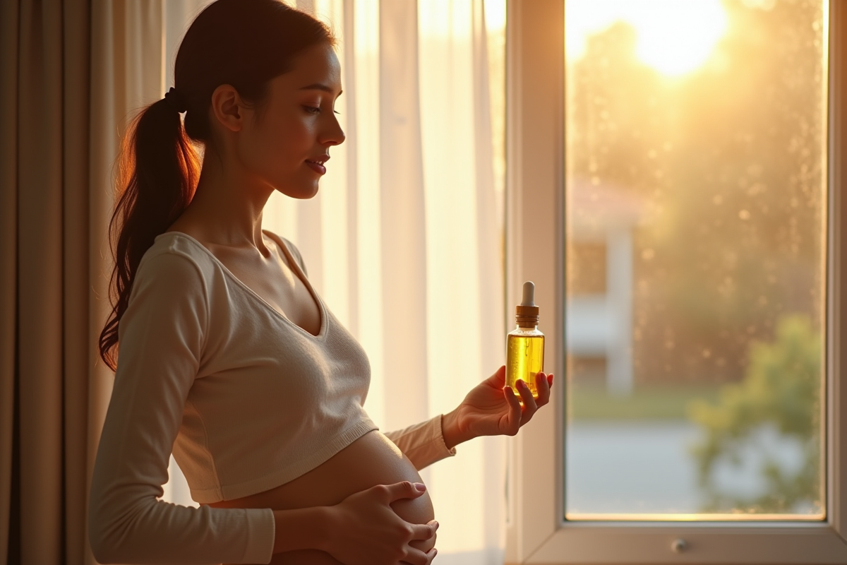Jeune femme examinant son ventre avec une petite bouteille d