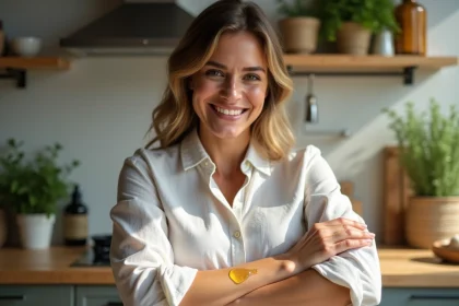 Femme appliquant de l'huile d'olive sur son bras dans une cuisine lumineuse