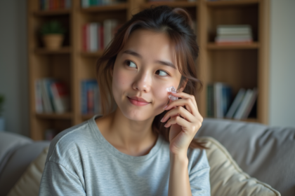 Jeune femme avec glace sur le cou dans un intérieur cosy