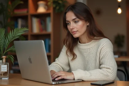 Femme lisant des avis en ligne sur un parfum Kalista sur son ordinateur portable avec une expression concentrée