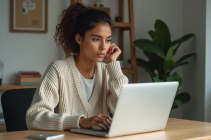 Femme pensante lisant des avis produits à la maison