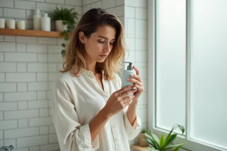 Femme lisant l'étiquette d'un flacon de shampoing sans paraben sans sulfate dans une salle de bain moderne