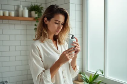 Femme lisant l'étiquette d'un flacon de shampoing sans paraben sans sulfate dans une salle de bain moderne