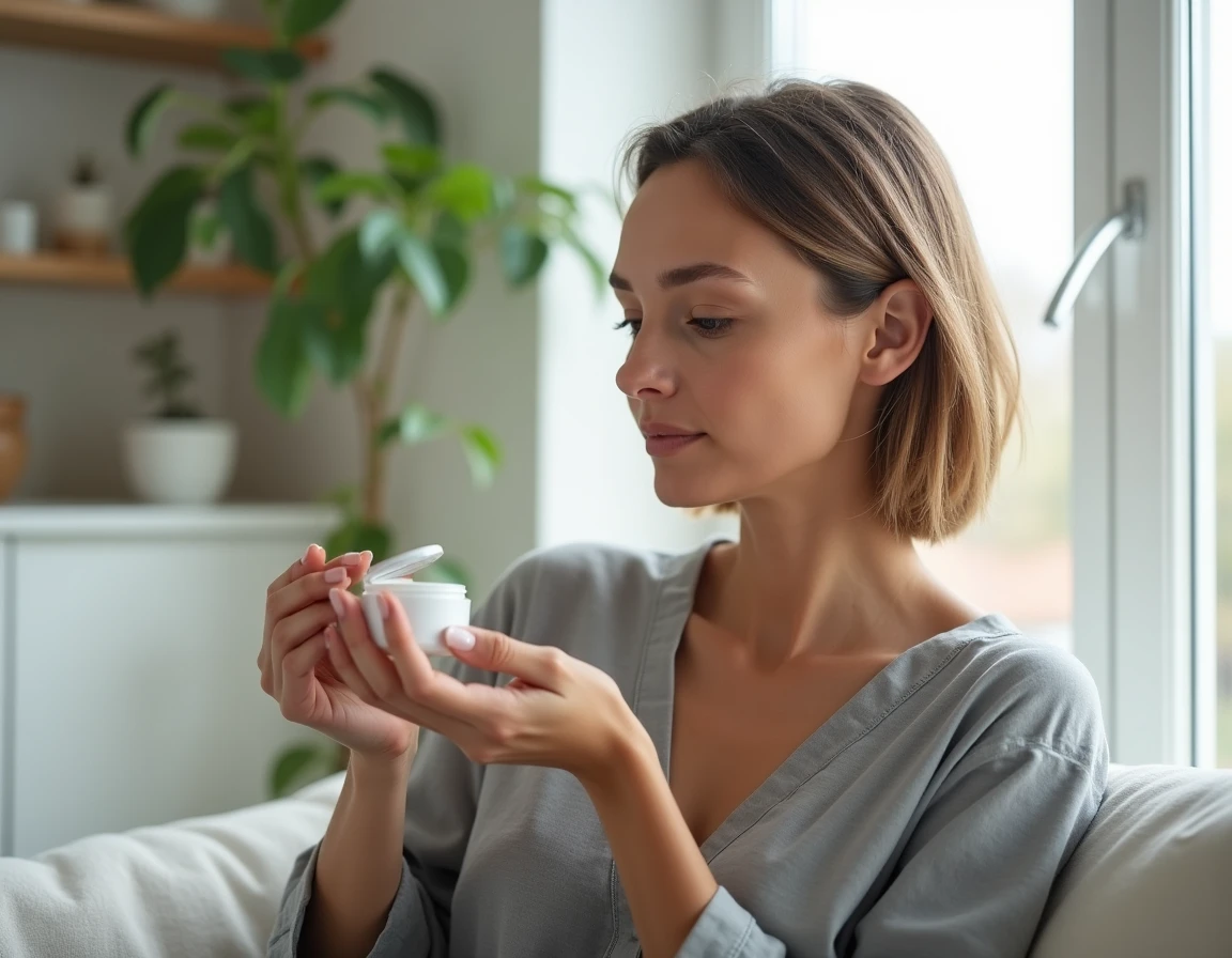 Femme d'une quarantaine d'années lisant les ingrédients d'un soin visage Zaturelle dans un intérieur scandinave lumineux