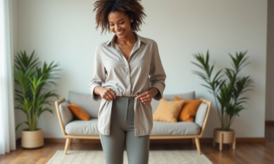 Femme moderne compare leggings ankle et cropped dans un salon lumineux