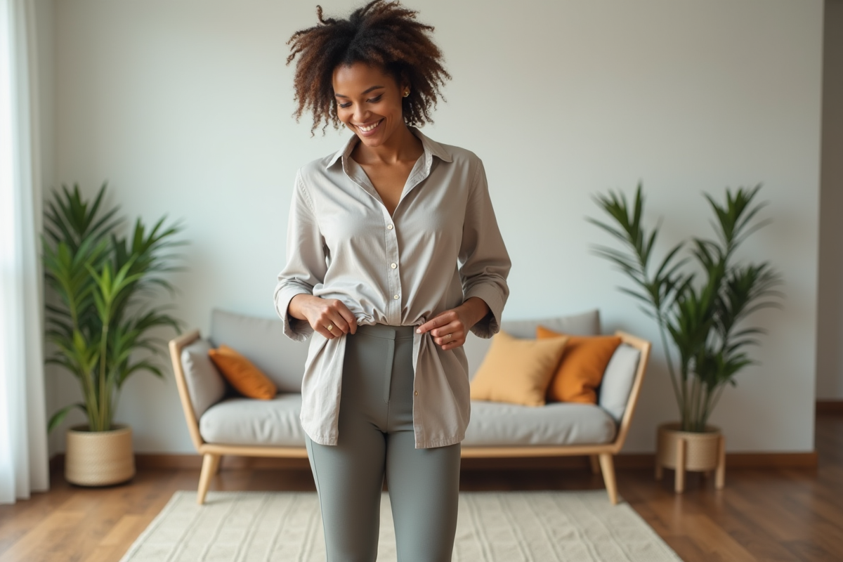 Femme moderne compare leggings ankle et cropped dans un salon lumineux